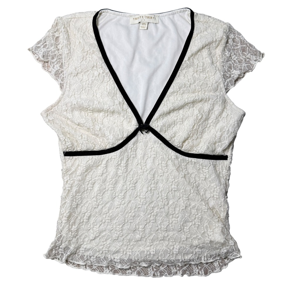 Thirty Thirty Y2K Lace Babydoll Top Coquette Cap Sleeve Medium White Black